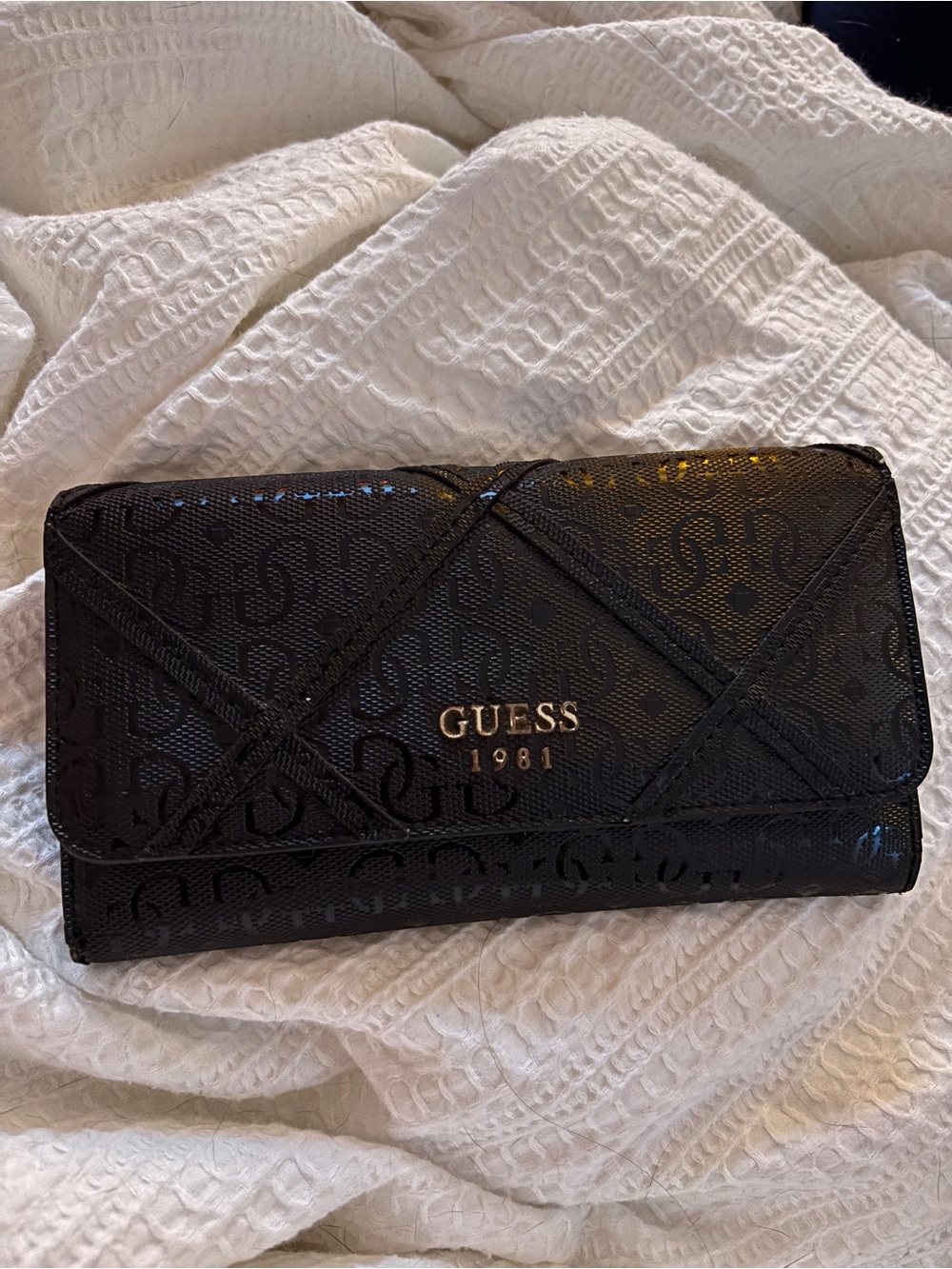 GUESS Black Logo Quilted Continental Wallet with Gold Accent